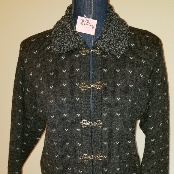 ✅#10 Mac & Jac Grey Multi-Color Wool Fair Isle Hand Knit Cardigan Removable Fur! - Picture 9 of 16